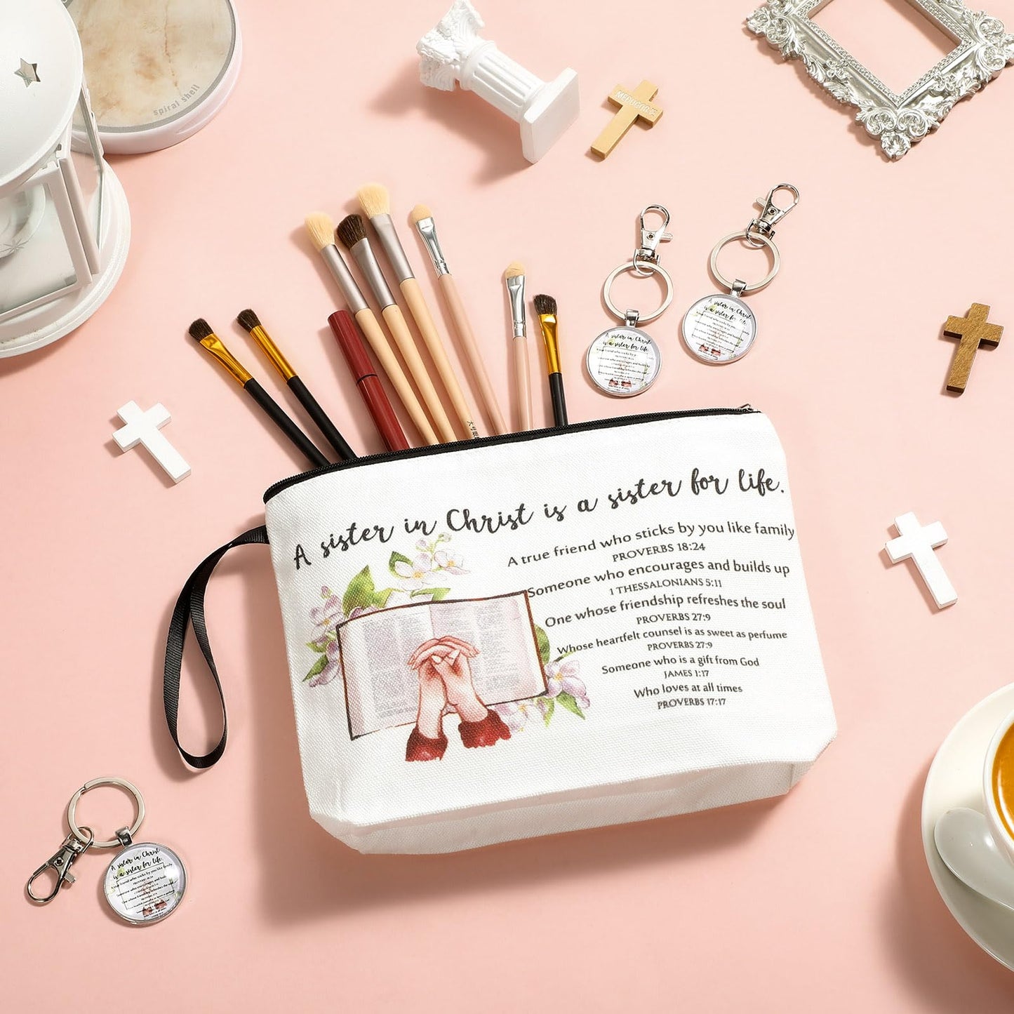Dansydaisy 32 Pcs 8/16 Set Sister in Christ Gifts Secret Sister Gifts Makeup Bag Bible Verse Keychains for Friends Birthday Gift