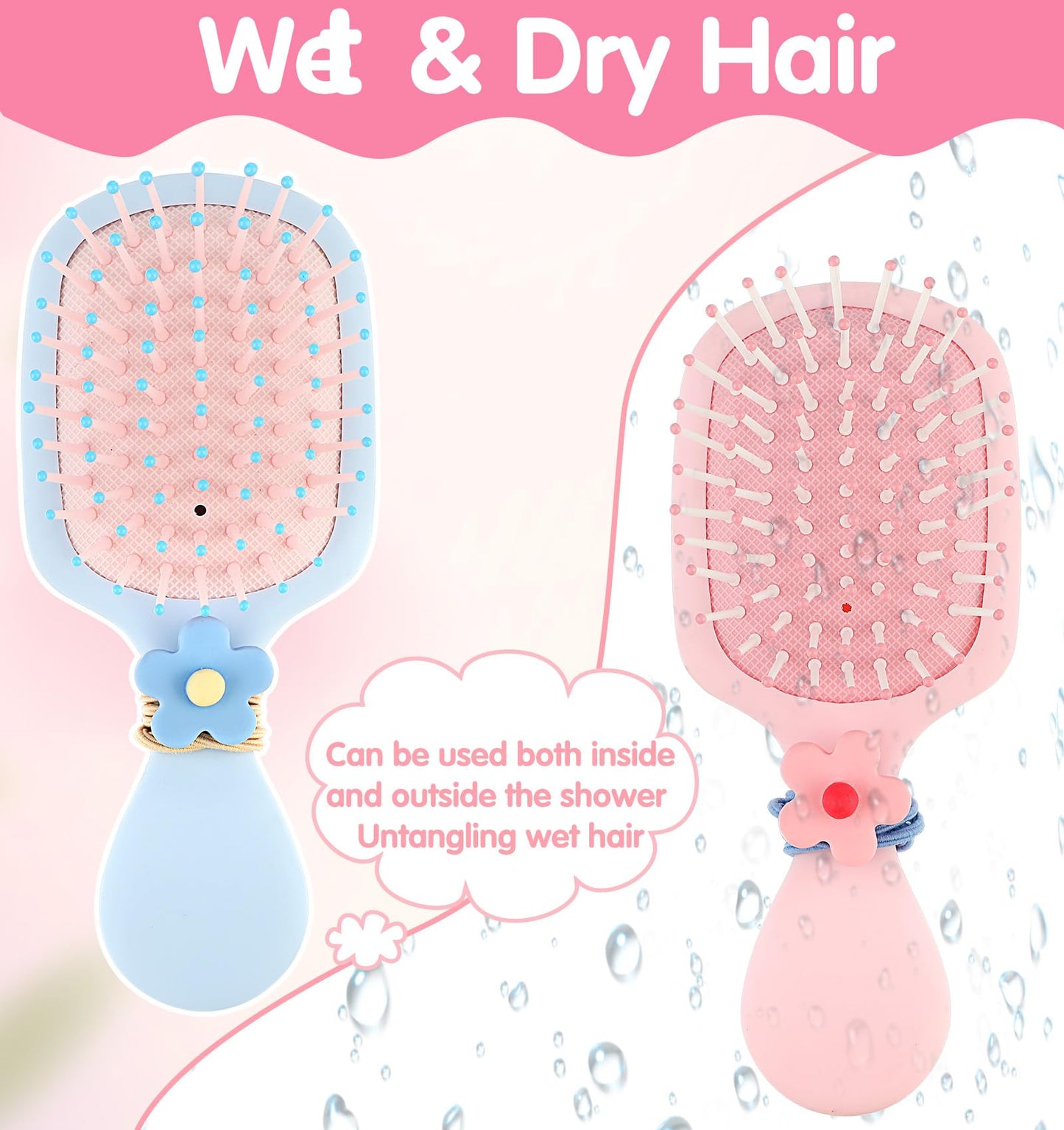 Toddler Hair Brush Girl, 2 Pcs Toddler Detangler Brush for Wet Dry Hair, Kids Boys and Girls with 2 Hair-Ties (Pink & Blue)