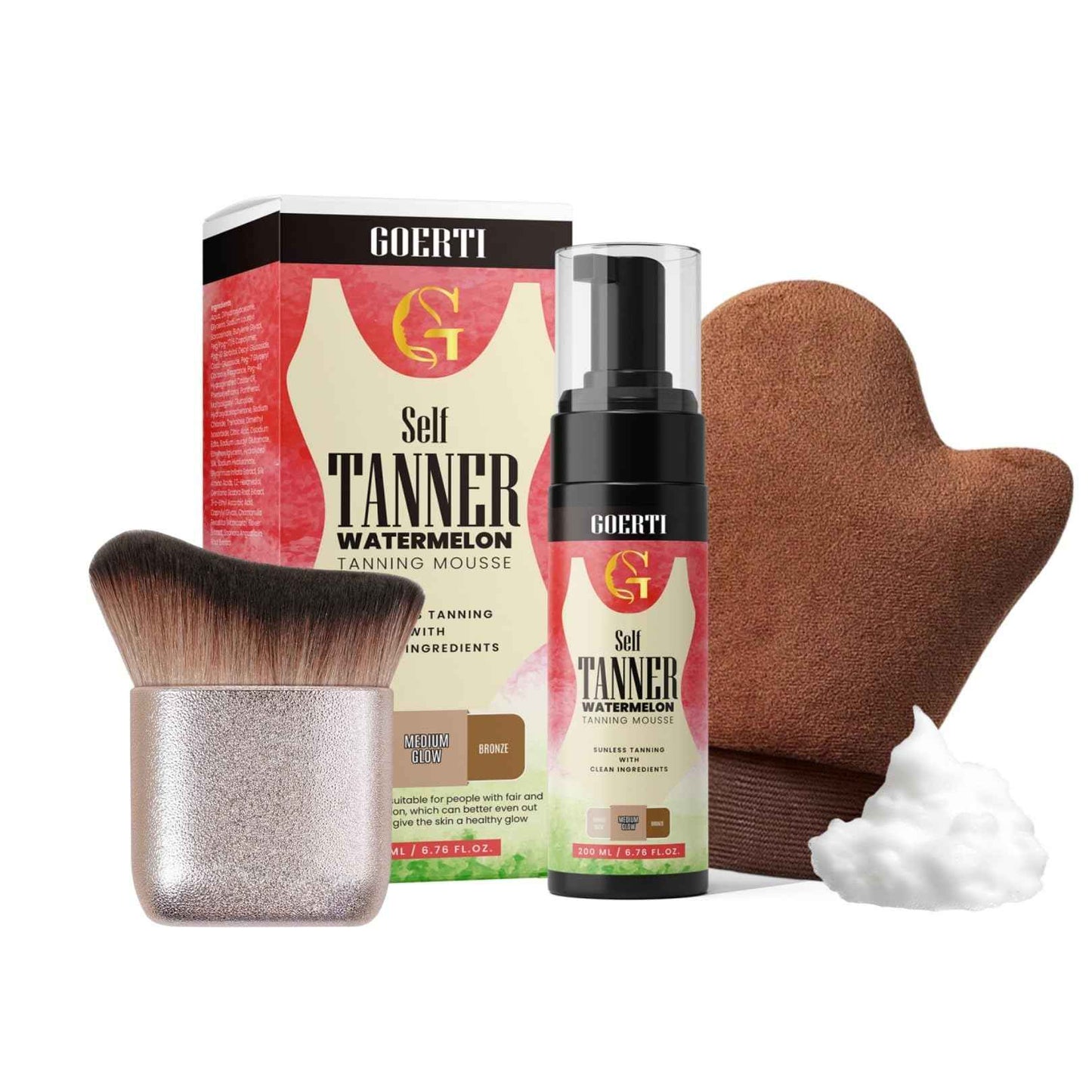 Self Tanner Mousse+Face & Body Sunless Tanner Application- With Natural & Organic lngredients, Self Tanner Kit for Face & Body, Self Tanning Mousse for Medium fake tan, 1.5 Hour Express Tannig Foam