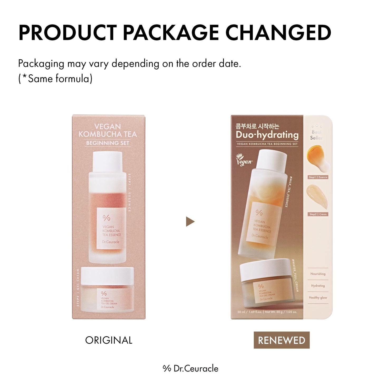 Dr.Ceuracle Vegan Kombucha Tea Essence and Gel Cream - Korean Skincare Gift Set for Holiday (Beginning Set)