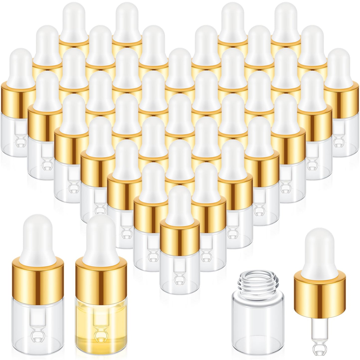 Didaey 100 Pcs 2 ml Mini Glass Oil Dropper Bottle Bulk, Clear Essential Small Empty Bottles Sample Containers Perfume Liquid Vials with Cap for Traveling(2 ml, Gold)