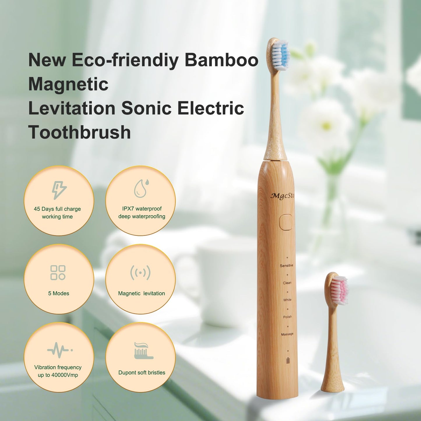 MgcSto Sonic Electric Bamboo Toothbrush for Adults -5 Adjustable Cleaning Modes -Includes 2 Bamboo Heads with Castor Oil Bristles - Upgraded IPX7 Waterprood -Convenient Charging & Travel Case