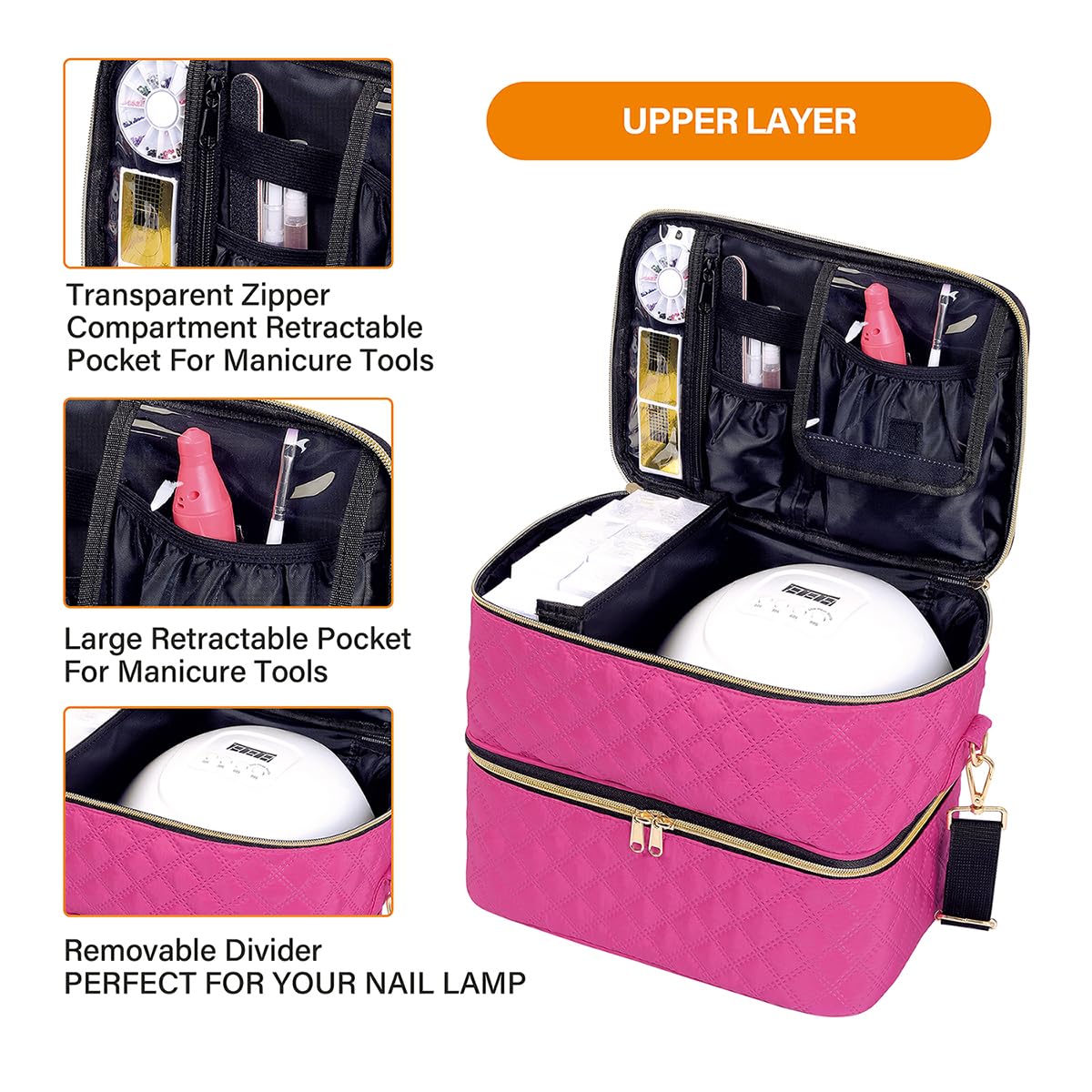 UOZL Nail Polish Organizer Case Holds 40 Bottles(15ml/0.5fl.oz) and Nail Lamp, Double Layer Nail Polish Storage with Adjustable Dividers,Portable Carrying Bag for Nail Kit, Manicure Tools Rose Red