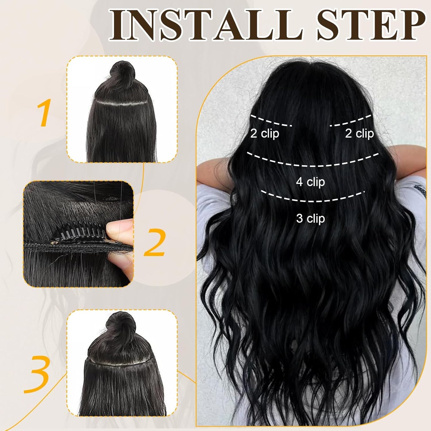 Clip In Hair Extensions - Natural Wavy Synthetic Hairpieces for Women | Black & Blonde Highlights - 20 Inch, 4 Pcs