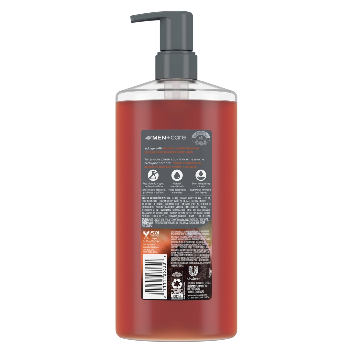 DOVE MEN Bourbon Vanilla + Hazelnut Moisturizing Body Wash | #1 Dermatologist Body Wash for Men, Sulfate Free, Paraben Free, & Dye Free | 26oz