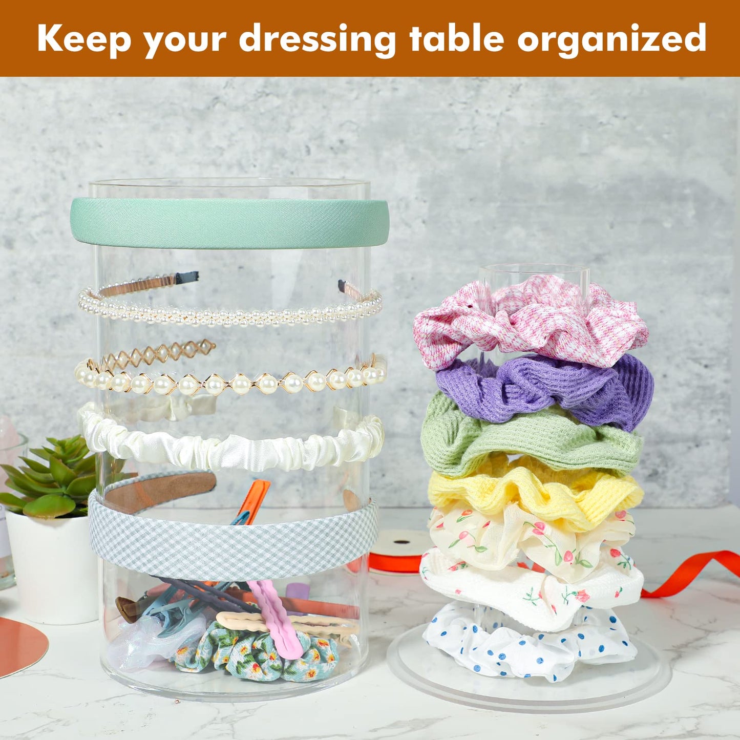 Kamehame Headband and Scrunchie Holder, Bottom Can Place Small Hair Accessories, Clear Acrylic Organizer for Hair Accessories, Hair Clips, Hair Ties, Bows, Pins and More