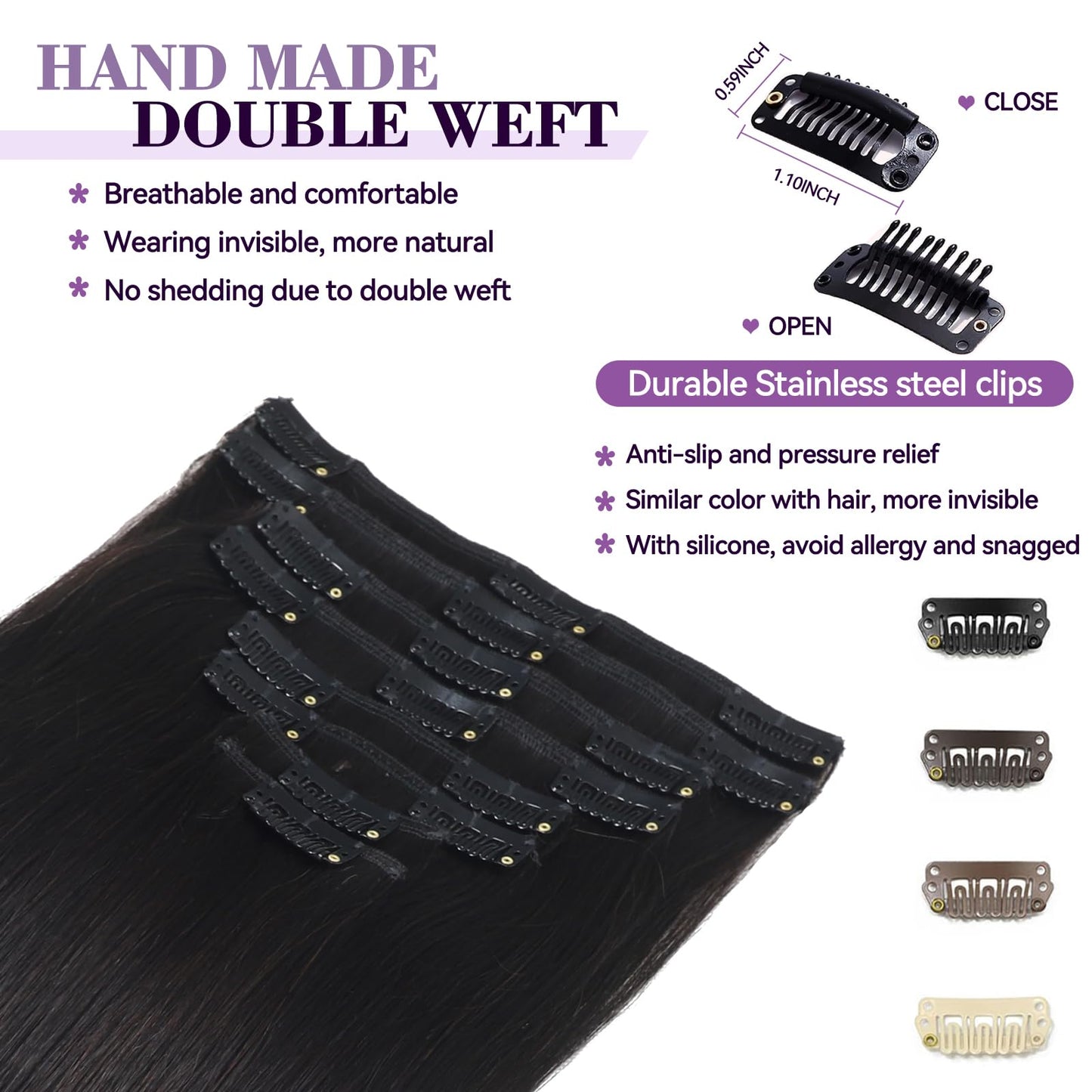 Clip in Hair Extensions Real Human Hair 16 inch 90g/3.2oz Straight Seamless Invisible Human hair Extensions Clip ins for Women Double Weft 8pcs #1B-Natural Black