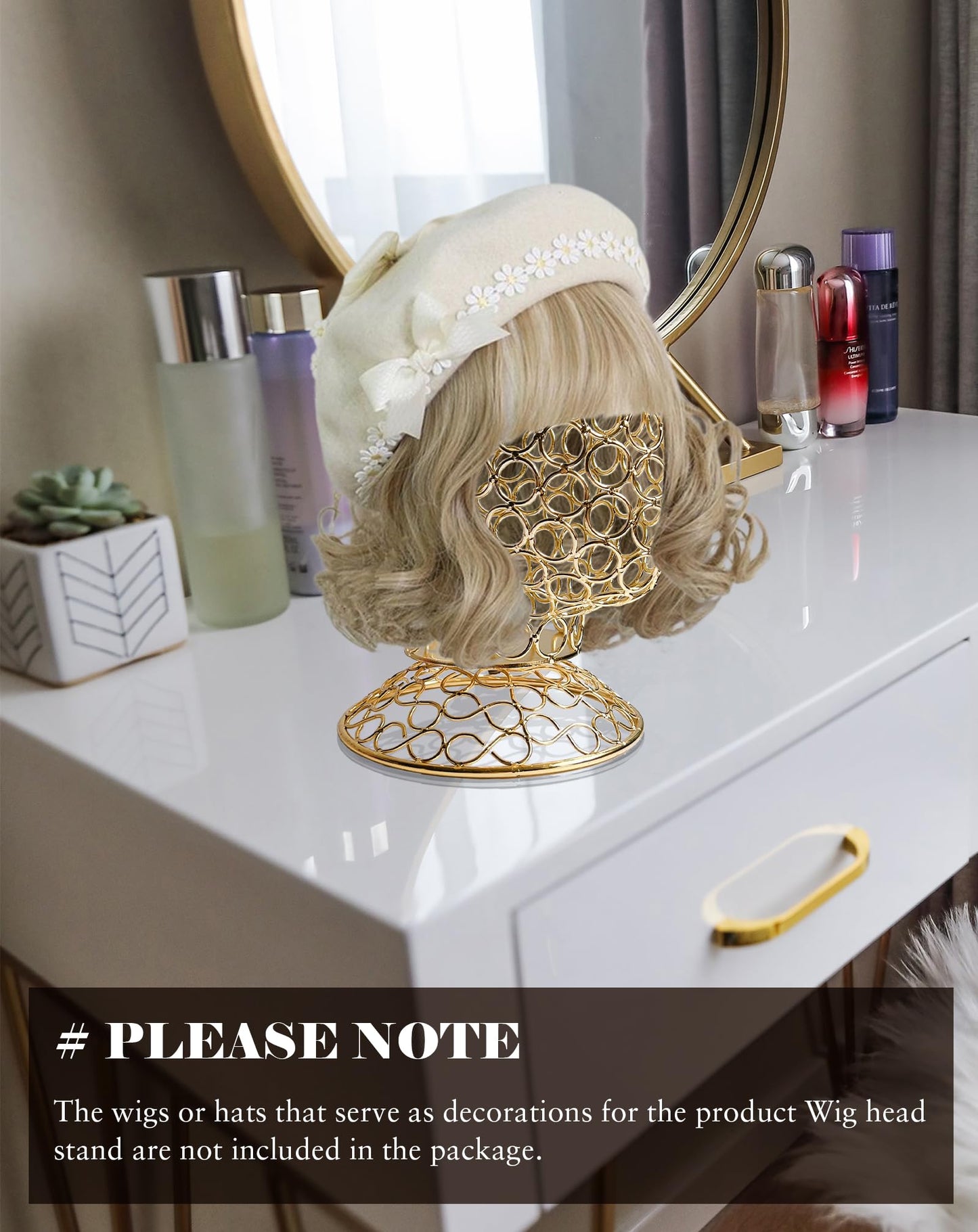 CHADWICK Wig Head Stand Metal Hollow Mannequin Head Hat Display Stand Wig Holder, Wig Display Model Head Wig Stand for Wigs, Hats, Caps, Headdress, Headphones, Dome + Detachable Stand, Chrome Gold