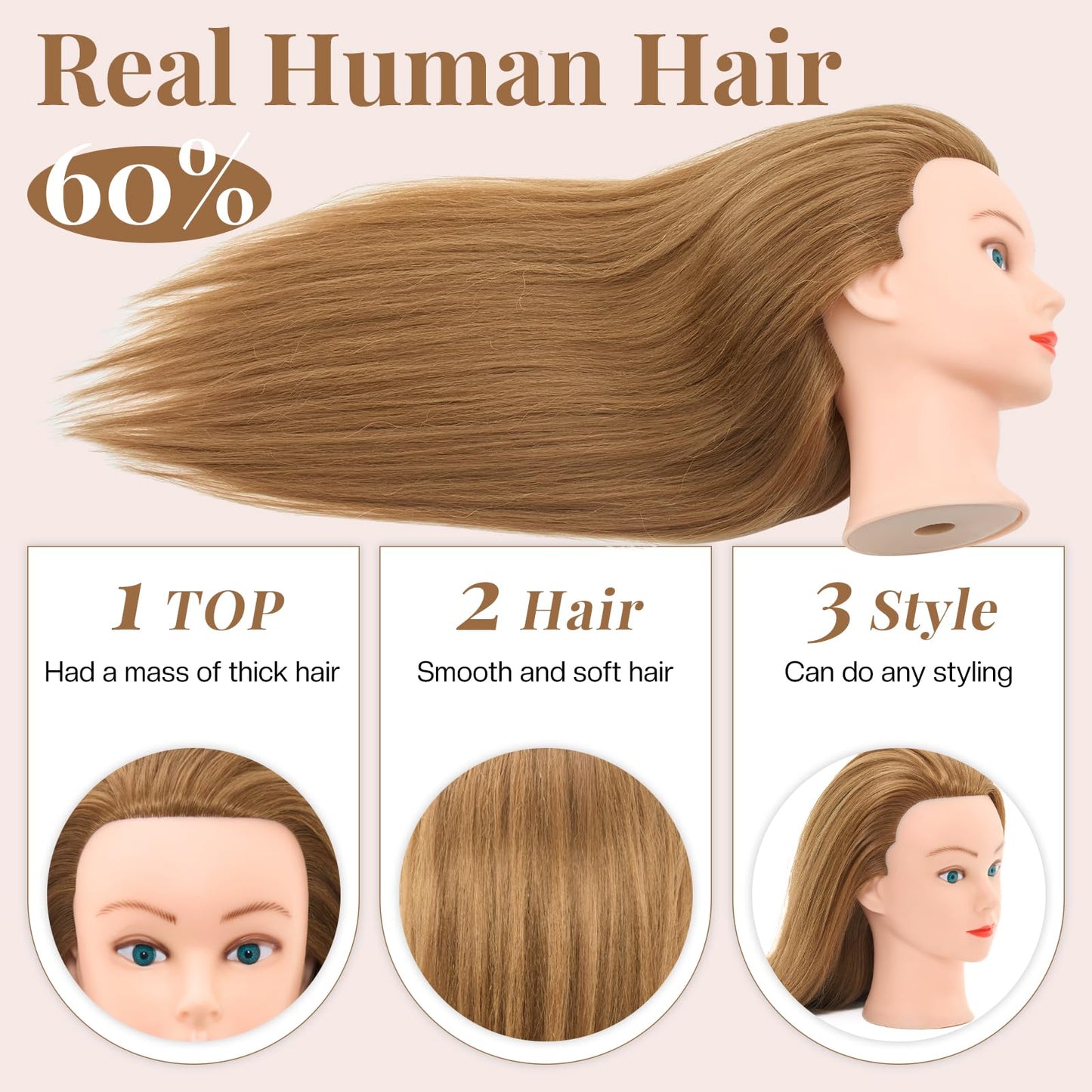24" Mannequin Head -80% Real Hair Doll head for hair Styling, Cosmetology Mannequin Head with Hair for Braiding Curling,Cuting with Table Clamp Styling Set (Blonde)