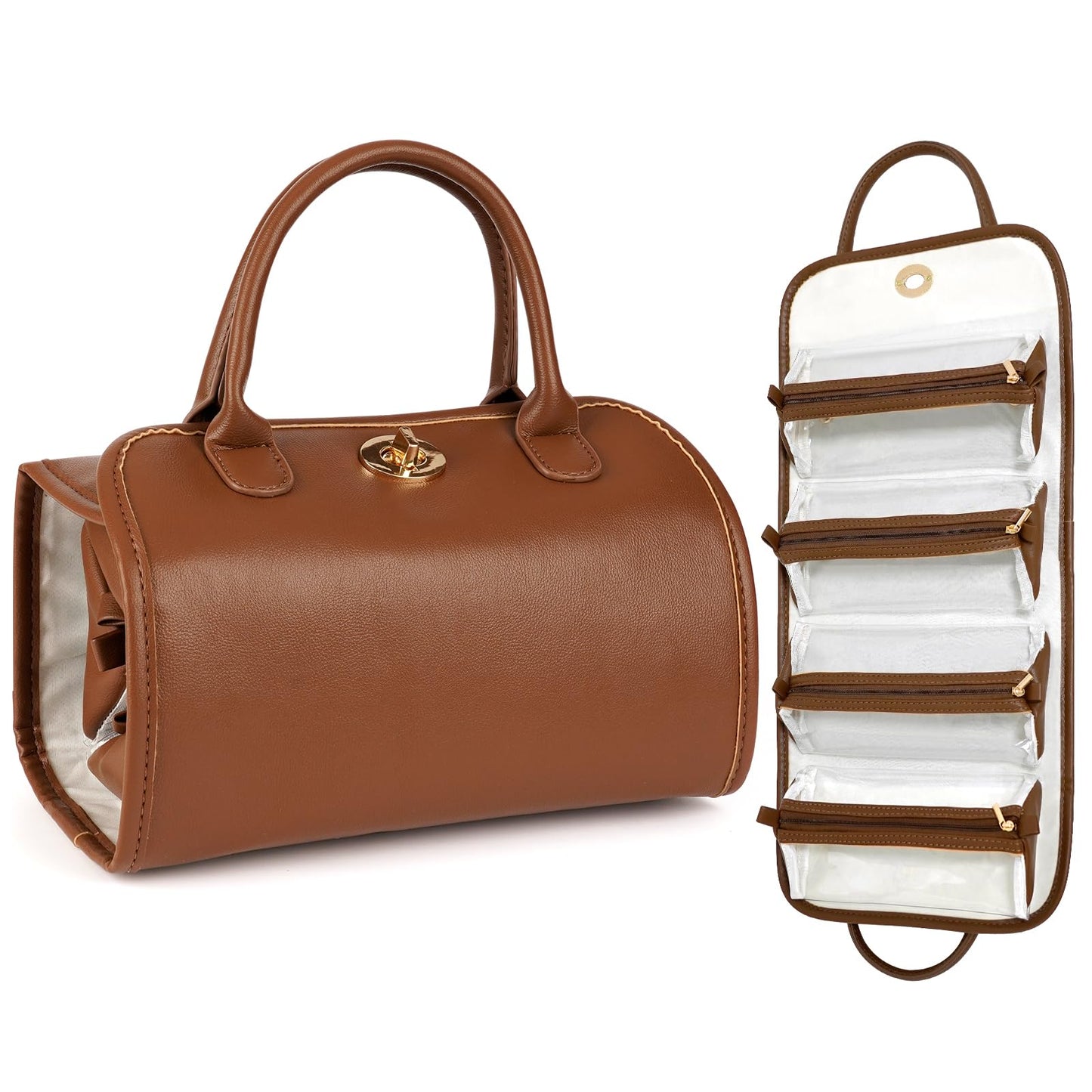 Travel Makeup Organizer Bag, Foldable Toiletry Bag with Detachable Pouches, Large Capacity 4-in-1 Roll-Up Cosmetic Storage with Handle for Women