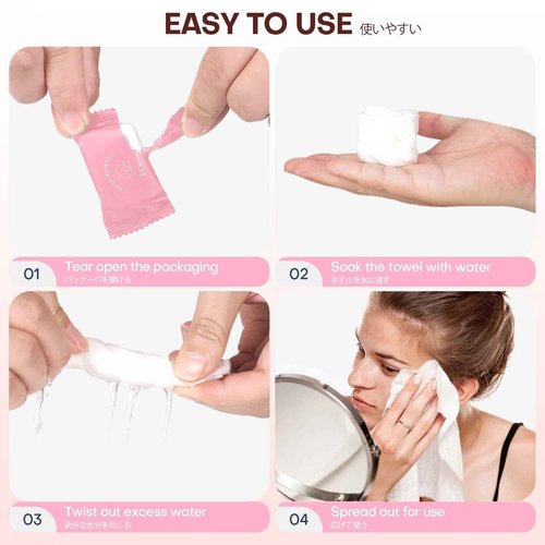 Fcaeon Disposable Face Towel Large Ultra Soft Compressed Towel Tablets for Travel Individually Wrapped, 12x9 Inch Portable Face Washcloths Reusable for Gym Hiking Camping Outdoor Sports(50 Pcs Pink)