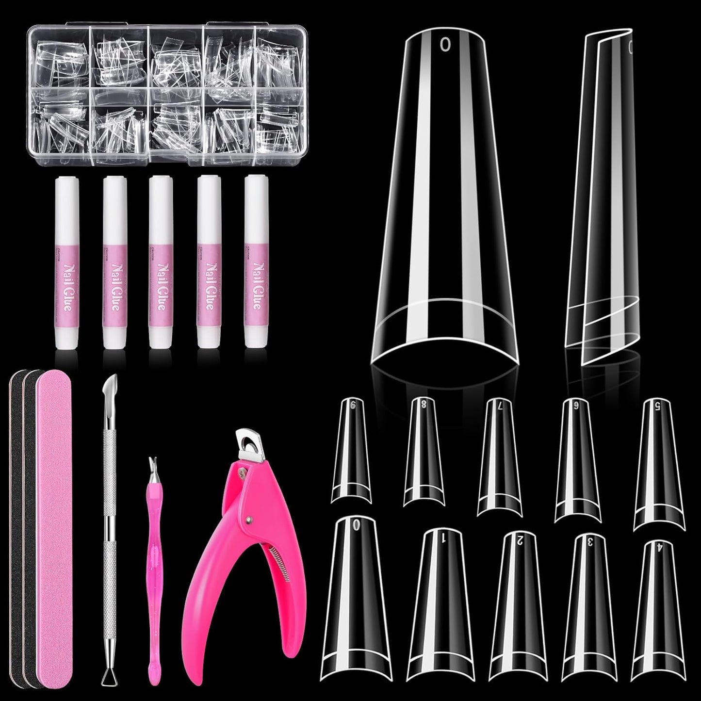 Coffin Nail Tips Set - 500 Pcs Clear Acrylic Tips with Glue, Clipper, Files & Cuticle Pusher | Perfect for Salons & DIY