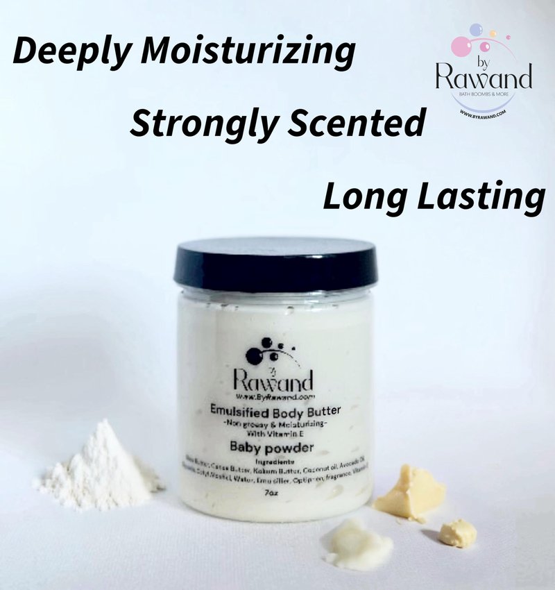 ByRawand Handmade baby powder Body buttercream with Shea & Cocoa butter based with natural oils & Hyaluronic Acid - non greasy, moisturizing (White (Baby Powder))