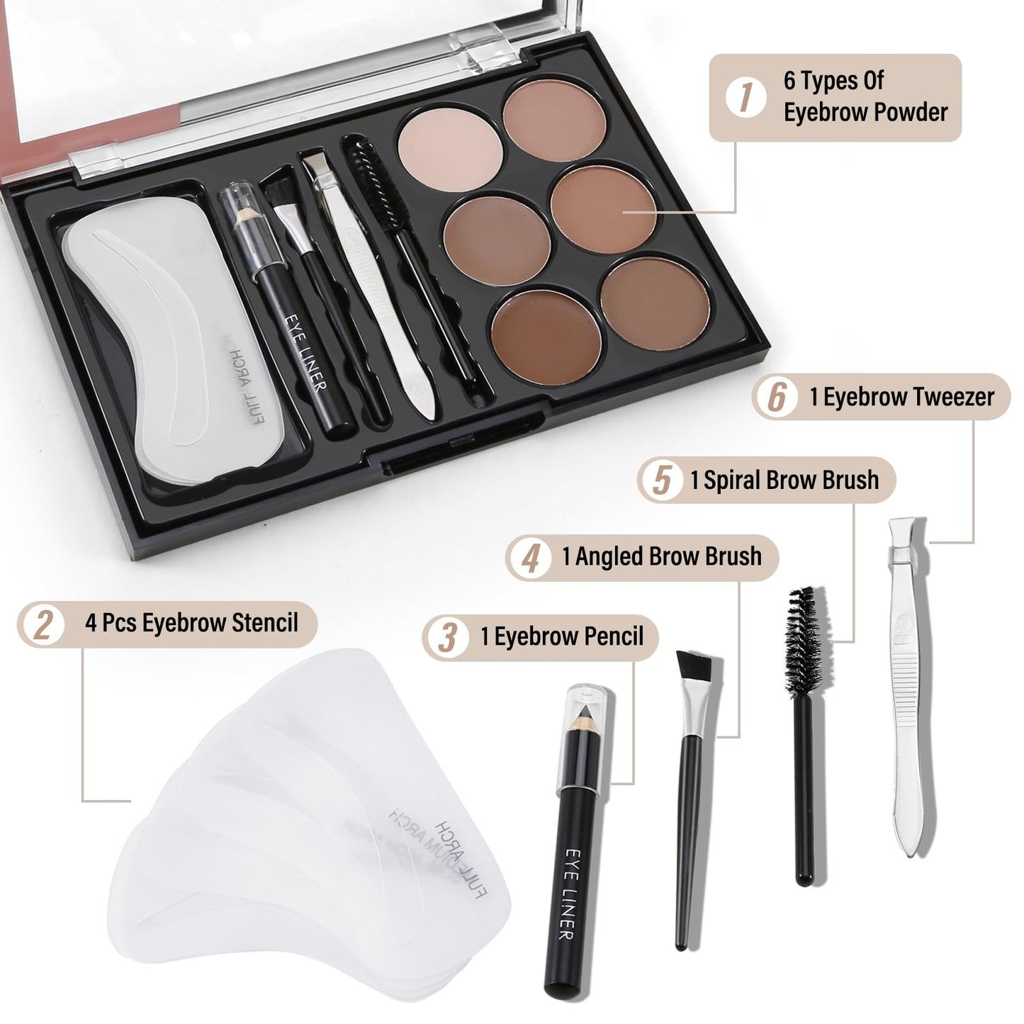 Boobeen Eyebrow Gel, 6-color Eyebrow Makeup Kit with 4 Eyebrow Stencils, 2 Eyebrow Brushes, 1 Eyebrow Pencil and 1 Tweezer, Waterproof Long Lasting Eyebrow Pomade to Define & Shape & Fill Brows