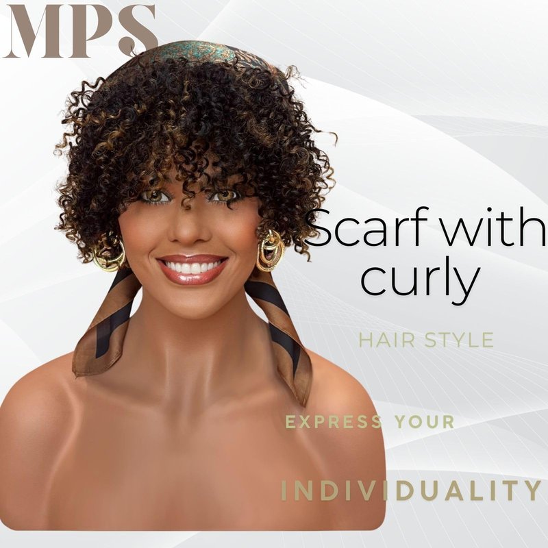 MPS Kinky Curly Wig with Bangs Blonde Highlight Wigs 3C-4A Coily Afro Curl Human hair Wig Short Human Hair for Black Women Ready to Wear