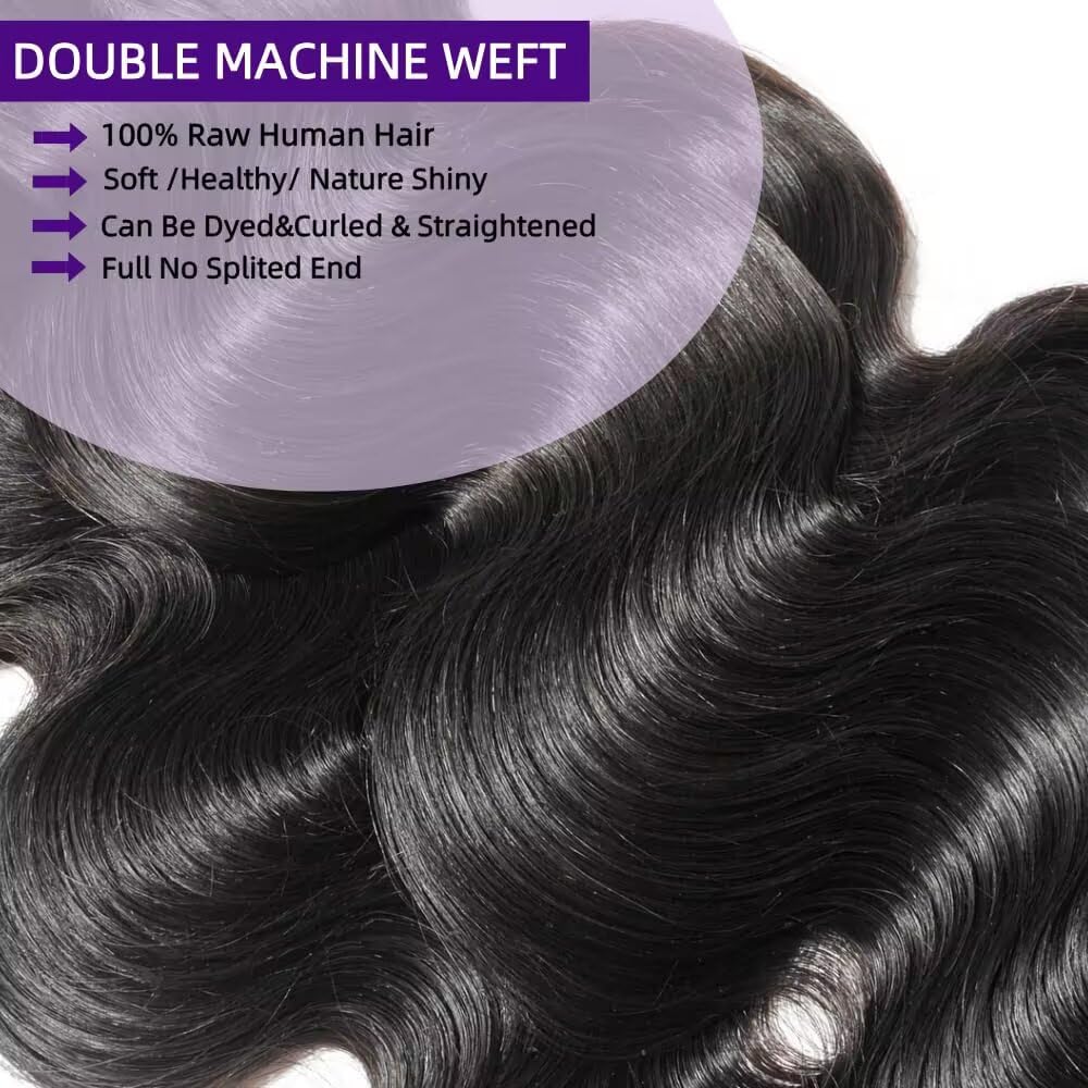 12A Human Hair Bundles 16 Inch Body Wave Bundles Human Hair 100% Unprocessed Brazilian Virgin Weave 1 Bundle for Women Natural Black Wavy Human Hair Extensions
