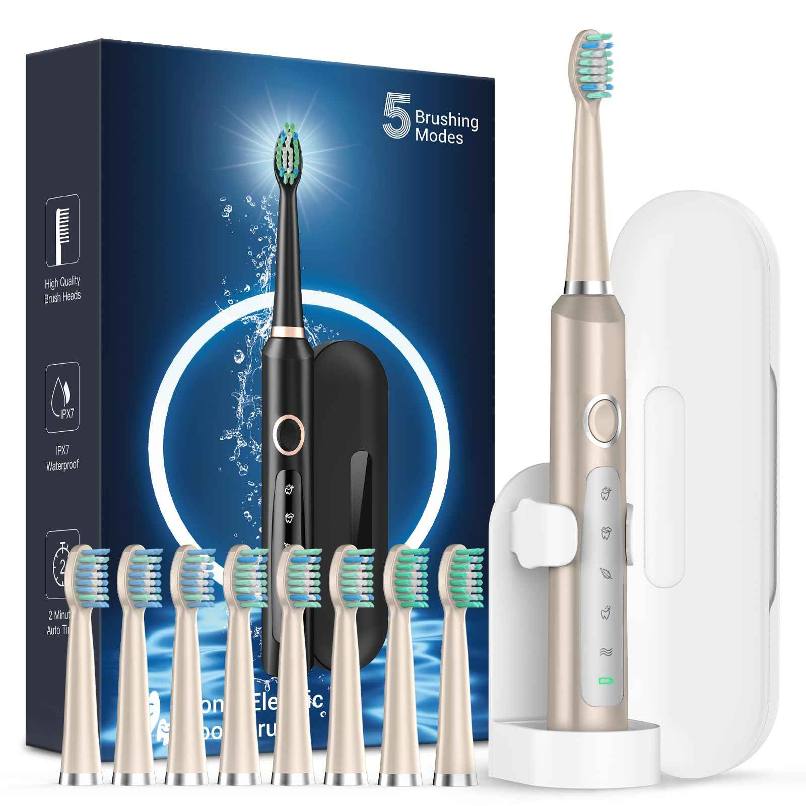 Rtauys M5 Sonic Electric Toothbrush for Adults - Rechargeable Electric Toothbrushes with 8 Brush Heads & Holder, Travel Case, Power Electric Toothbrush，3 Hours Charge for 120 Days - Champagne Gold