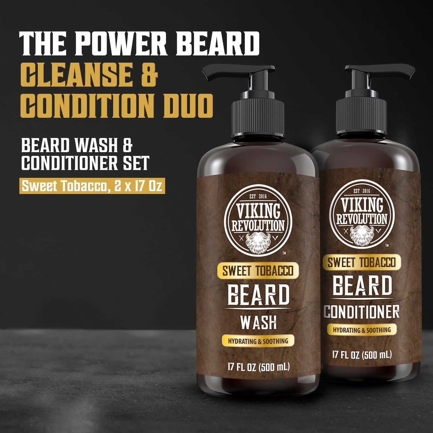 Viking Revolution Beard Wash & Conditioner for Men | Argan & Jojoba Oil - 17oz Sweet Tobacco Beard Softener