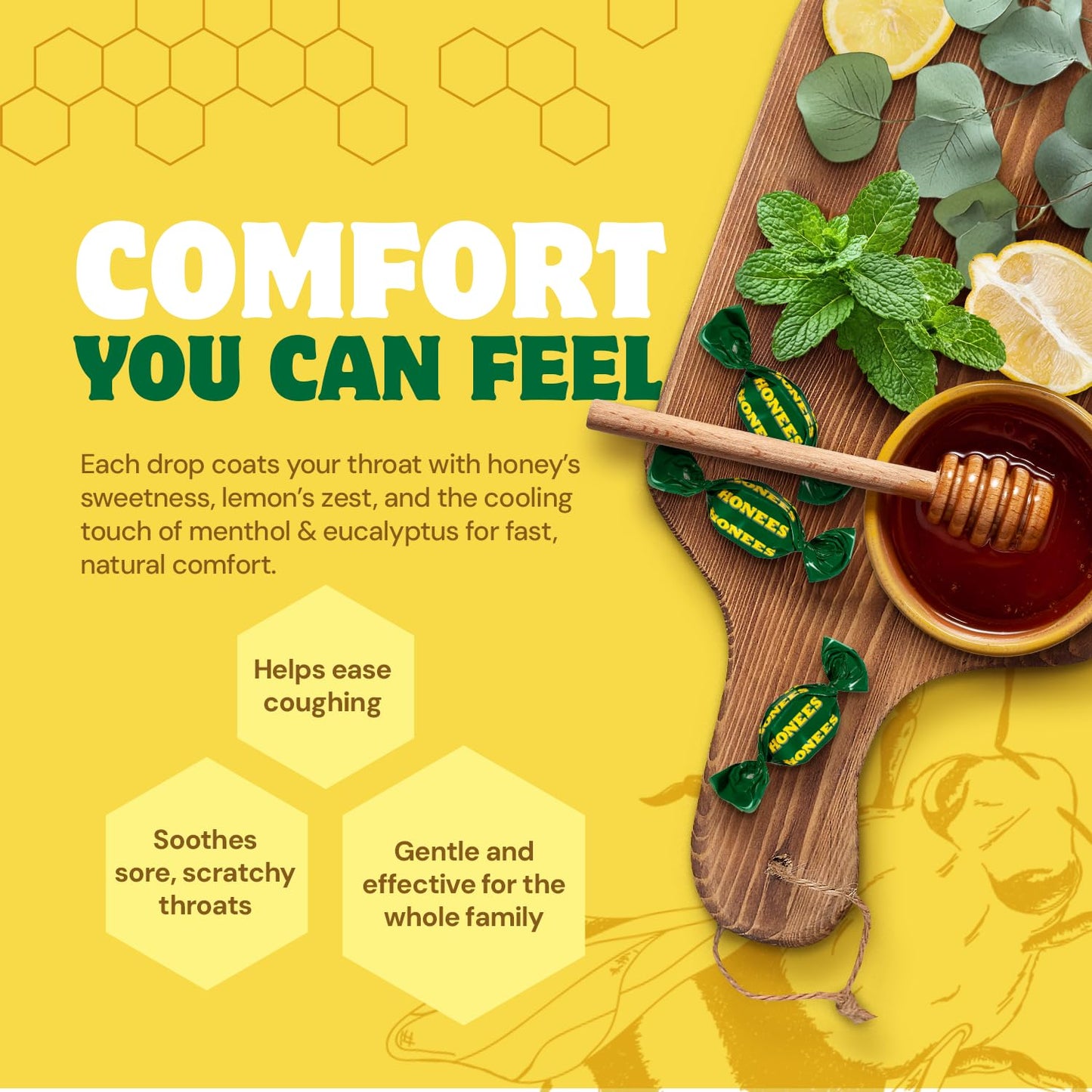 Honees Filled Honey Lemon Cough Drops- Filled with Honey, Menthol, Lemon and Eucalyptus - Nothing Artificial -Natural Sore Throat Lozenges- Non-GMO (1 Pack – 20 Drops)