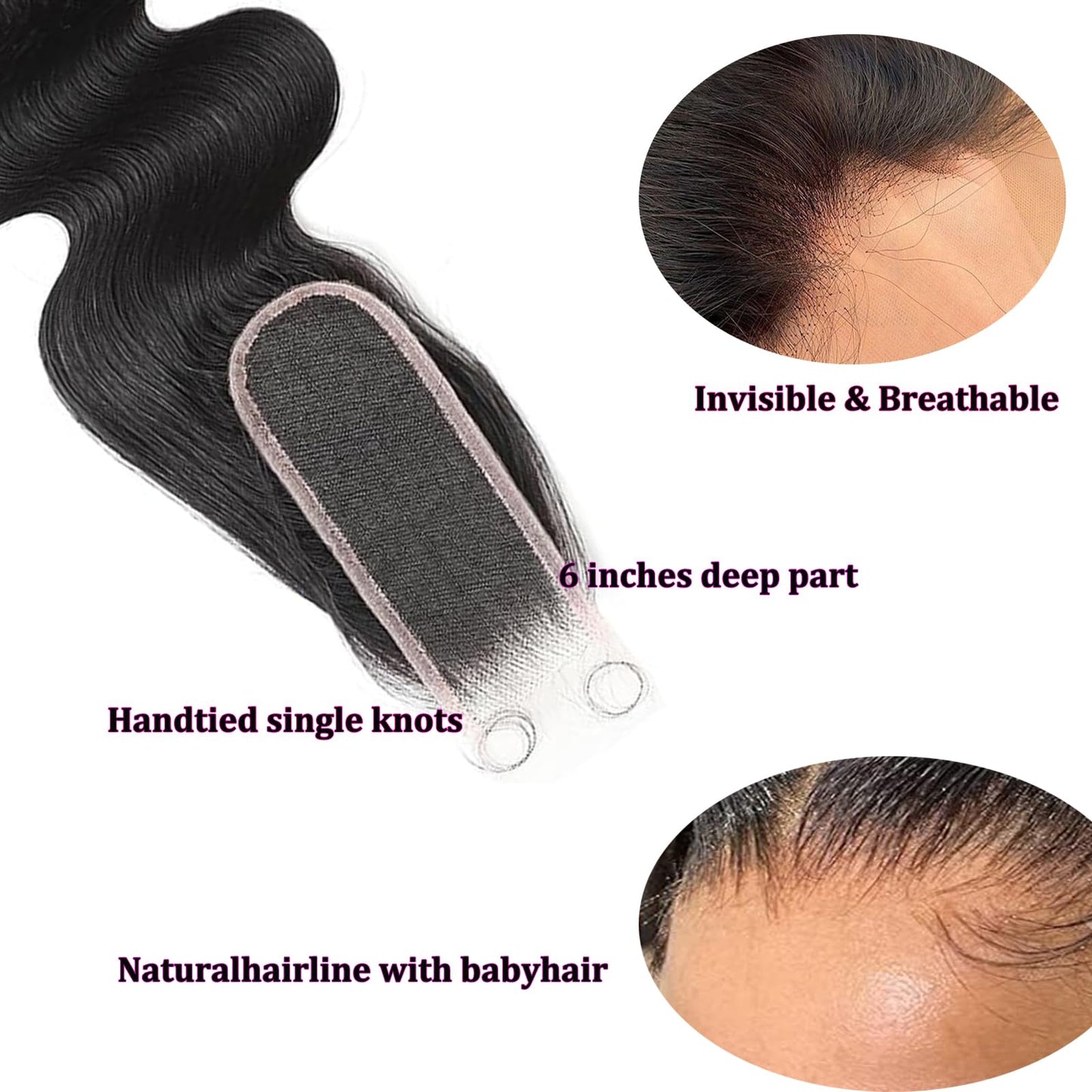 14 Inch 100% Real 2x6 HD Lace Closure Body Wave SKINLIKE Body Wave Closure Human Hair 0.1mm Ultra-thin Invisible Lace Swiss HD Lace Closure Pre Plucked Small Single Knots 100% Remy Human Hair
