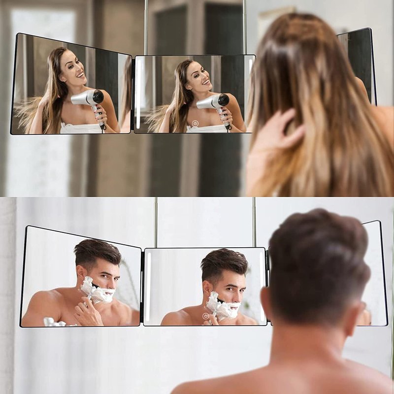 3 Way Mirror for Hair Cutting - LED 360° Trifold with Adjustable Height & 5X Magnification | Black