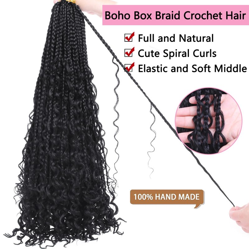 COOKOO 30 Inch Bohemian Box Braids Crochet Hair 8 Packs Hippie Goddess Box Braids Crochet Hair With Curly Ends Pre-looped Braiding Hair for Black Women 1B#