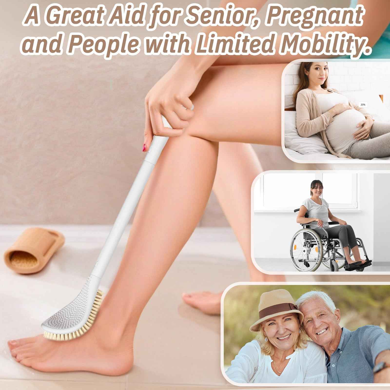 GEENOA New Foot Brush with Adjustable Long Handle, 3-in-1 Foot Scrubber for Wet or Dry Brushing, 10.2’’- 27.5’’ Foot Scrub Brush for Senior, Pregnant, Disabled, or Injured, Gift-Box Packed(White)