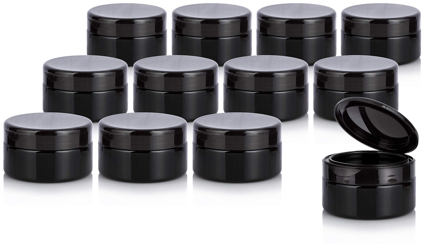 JUVITUS 8 oz Black PET Plastic Low Profile Jar with Black Flip Top Cap (12 Pack)