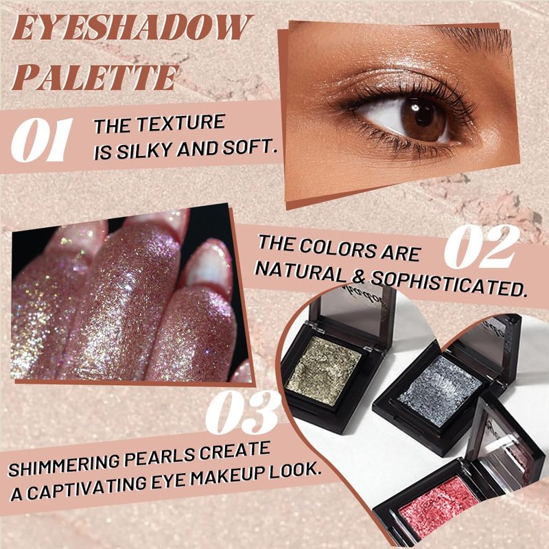 HHLTOH Pressed Single Eyeshadow Makeup, Sparkle Highly Pigmented Monochrome Eye Shadow Palette, Waterproof Neutral Powder, sombras para ojos, Lightweight Blendable, #04 Rose Gold+#06 Champagne Gold