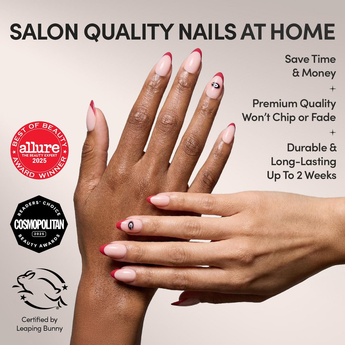 Glamnetic x Fanatics Press On Nails - Georgia Bulldogs | Short Almond Fake Nails, Collegiate Bulldogs Red French Tips, College Nails, Salon-Quality | 15 Sizes - 30 Nail Kit with Glue