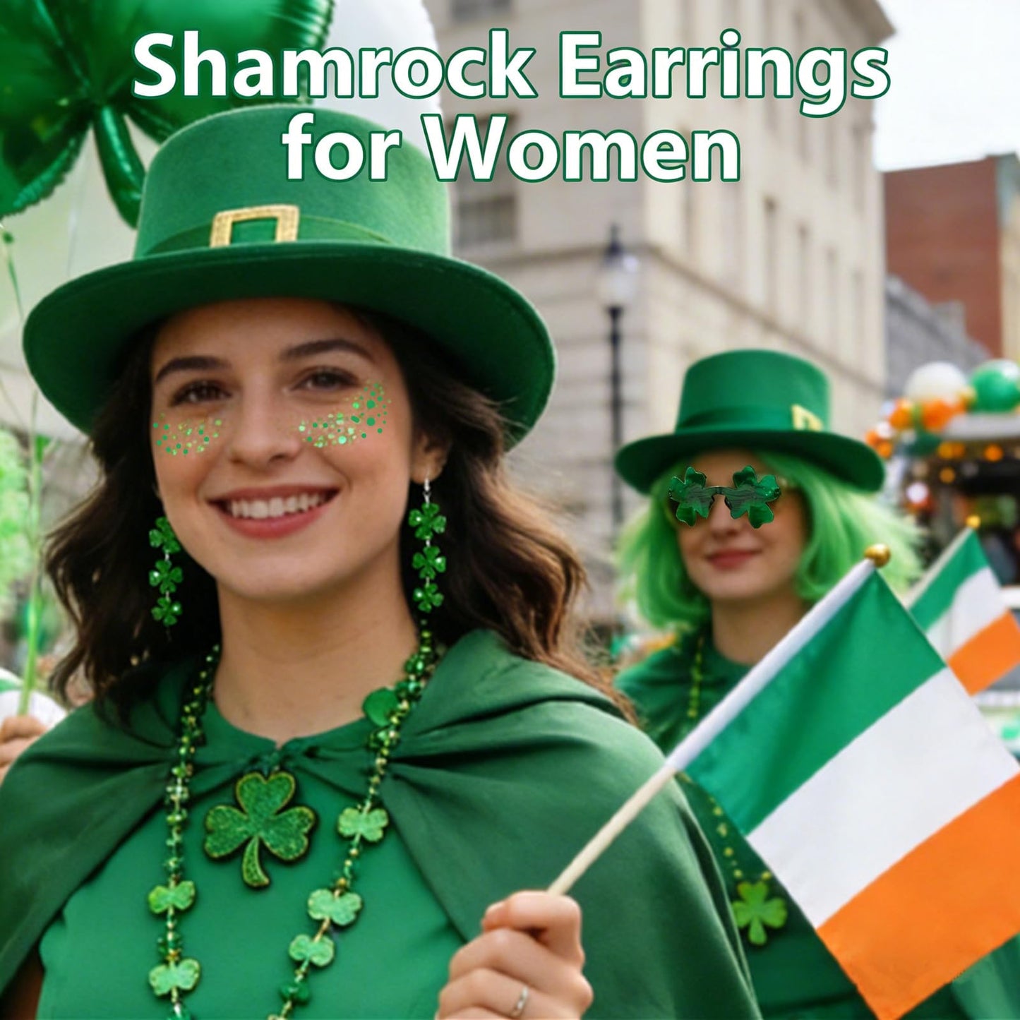 Go Ho Green Face Body Glitter,Shamrock Dangle Earrings for Women and Shamrock Sunglasses Set,St Patricks Day Accessories,St Patricks Day Shirts Outfits for Women