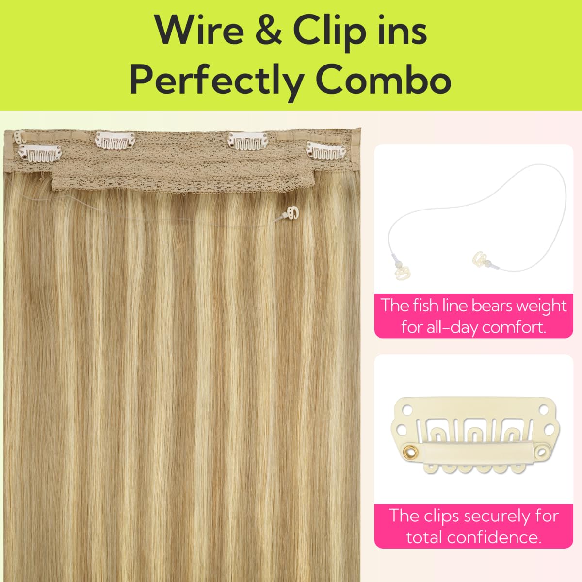 HOTBANANA Wire Extensions for Women, 12 Inch 70g Ash Tone Light Blonde Highlighted Golden Blonde, Invisible Fish Line Wire Hair Extensions Real Human Hair