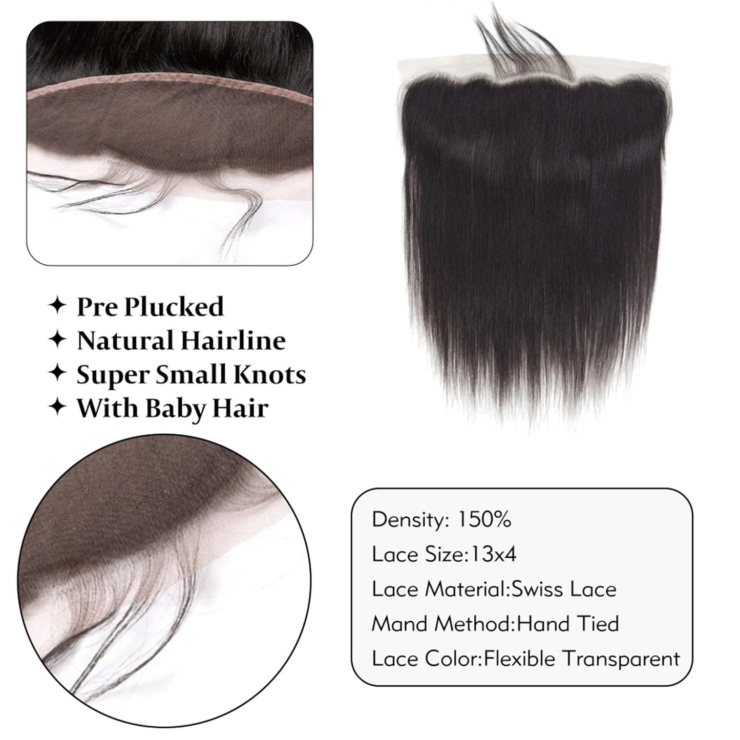 13x4 Lace Frontal Closure Straight Ear to Ear HD Lace Frontal Pre Plucked 14 Inch Brazilian Virgin Human Hair Frontals Free Part 150% Density Hair Extensions Natural Black