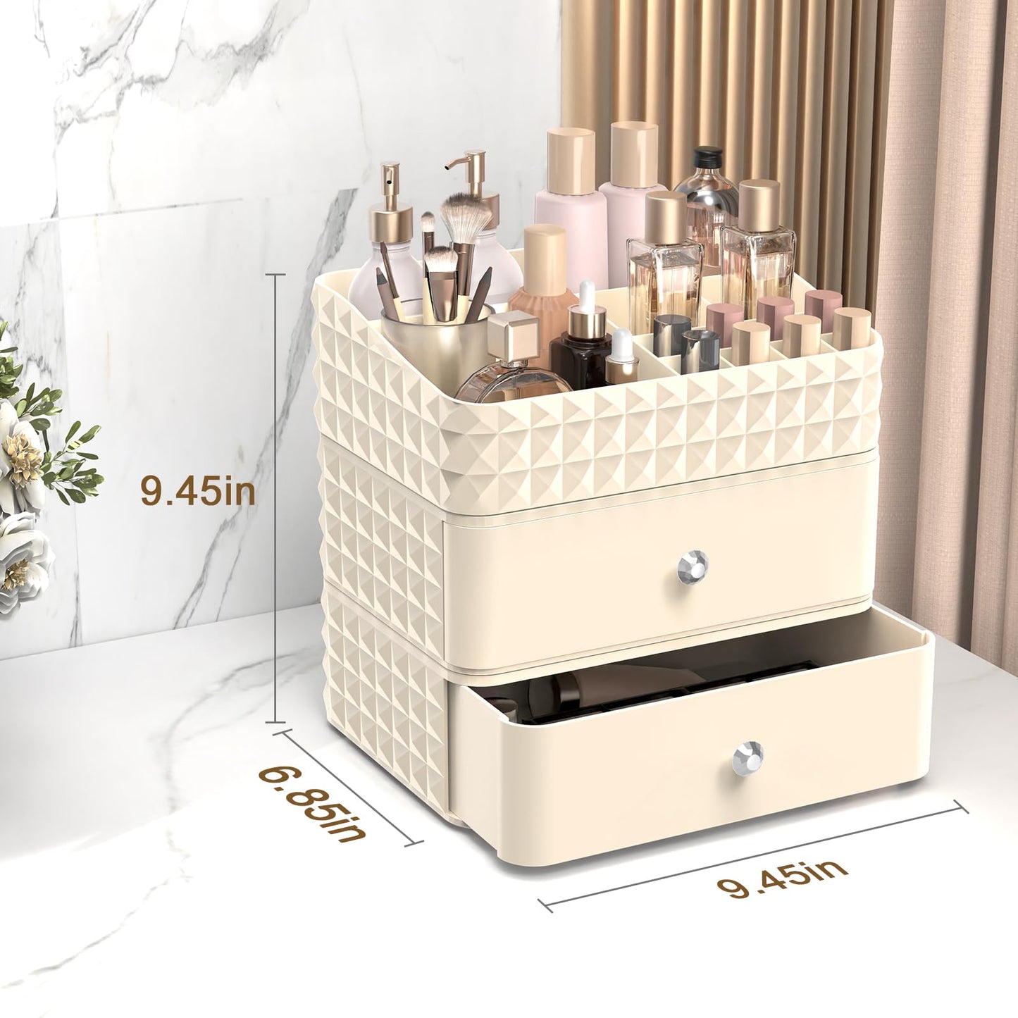 Rosoenvi Makeup Organizer for Vanity, Stackable Cosmetics Organizer and Storage, Cosmetic Display Cases with 2 Drawers and 1 Tray for Makeup Brush, Hair Accessories, Lipstick and Jewelry, Clear