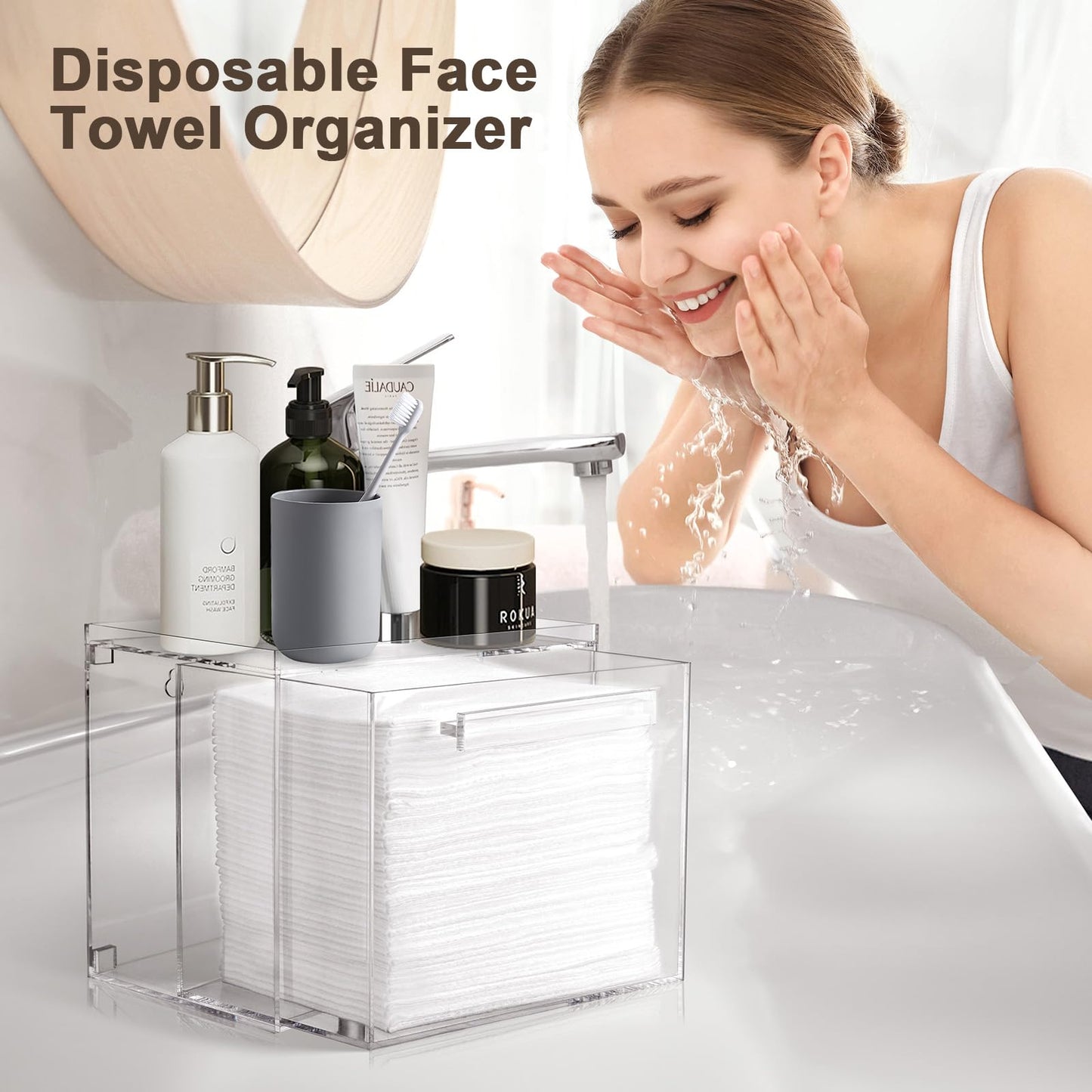 TAINESS Acrylic Disposable Face Towels Holder Compatible with Clean Skin Club Towel XL - Clear Storage Box Wall-Mounted Cosmetic & Skin Care Organizer with Drawer for Bathroom Vanity