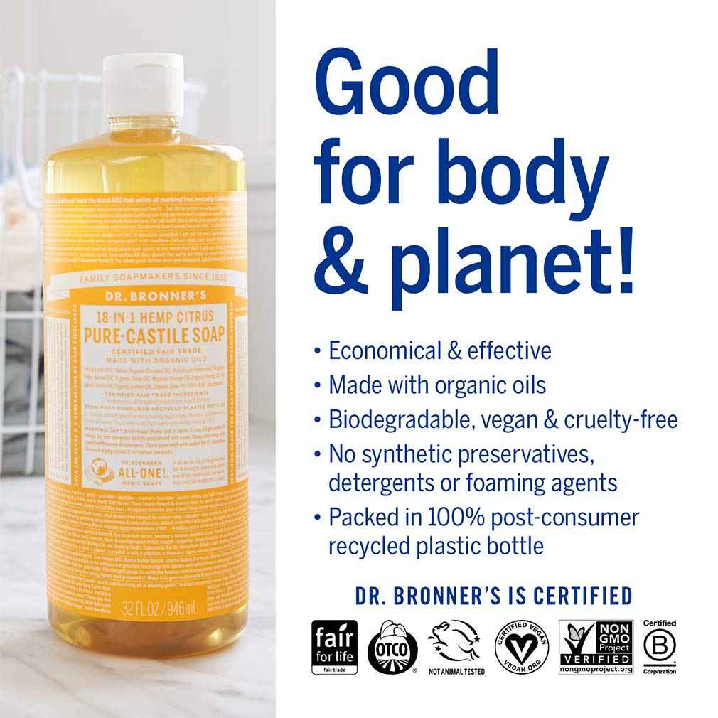 Dr. Bronner's - Pure-Castile Liquid Soap (Citrus, 16 ounce) - Made with Organic Oils, 18-in-1 Uses: Face, Body, Hair, Laundry, Pets and Dishes, Concentrated, Vegan, Non-GMO