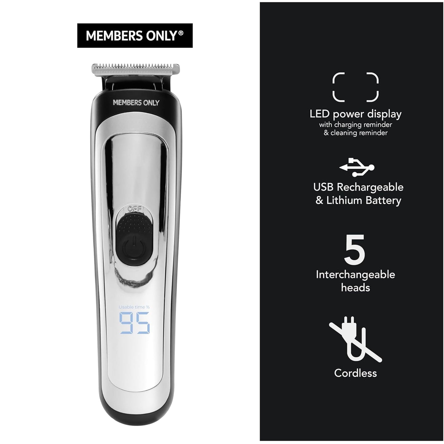 Men's Lithium Cordless Hair & Beard Trimmer Kit - 5 Heads, LED Display, USB Rechargeable