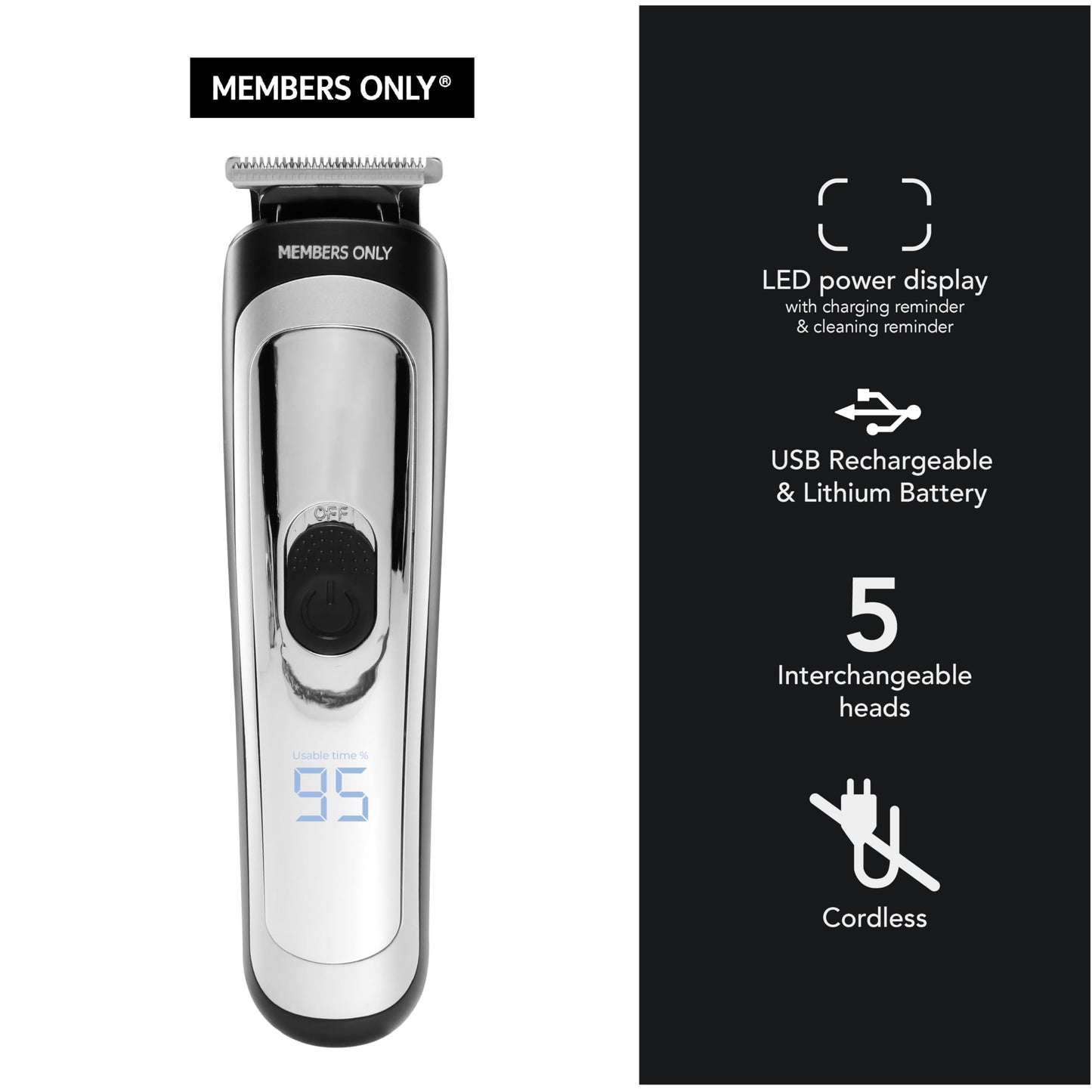 Members Only Trimmer for Men, Premium Lithium Cordless Hair and Beard Kit, 5 Interchangeable Heads, Smart LED Power Display, USB Rechargeable Battery, 4 Trimmer Guides