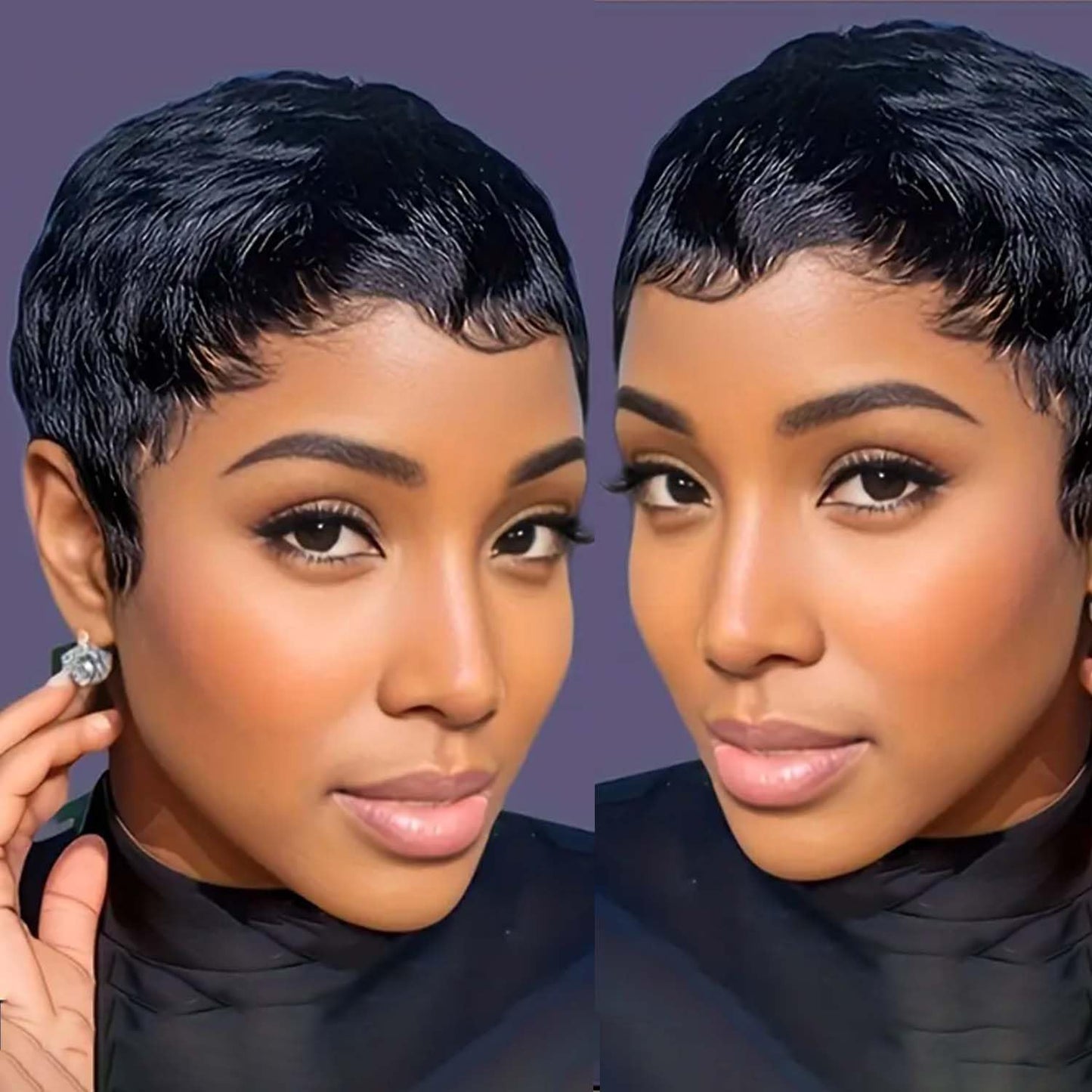Waveme Short Human Hair Wigs for Black Women Put on and Go Glueless Wig Short Curly Wigs Pixie Cut Curly Wigs With Bangs Black 1b Color