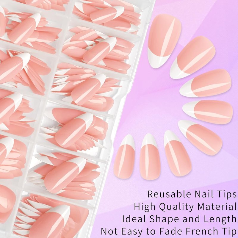 French Tip Press-On Nails - 216PC Medium Pink Almond Acrylic Set with Adhesive Tabs | Stylish Fake Nails