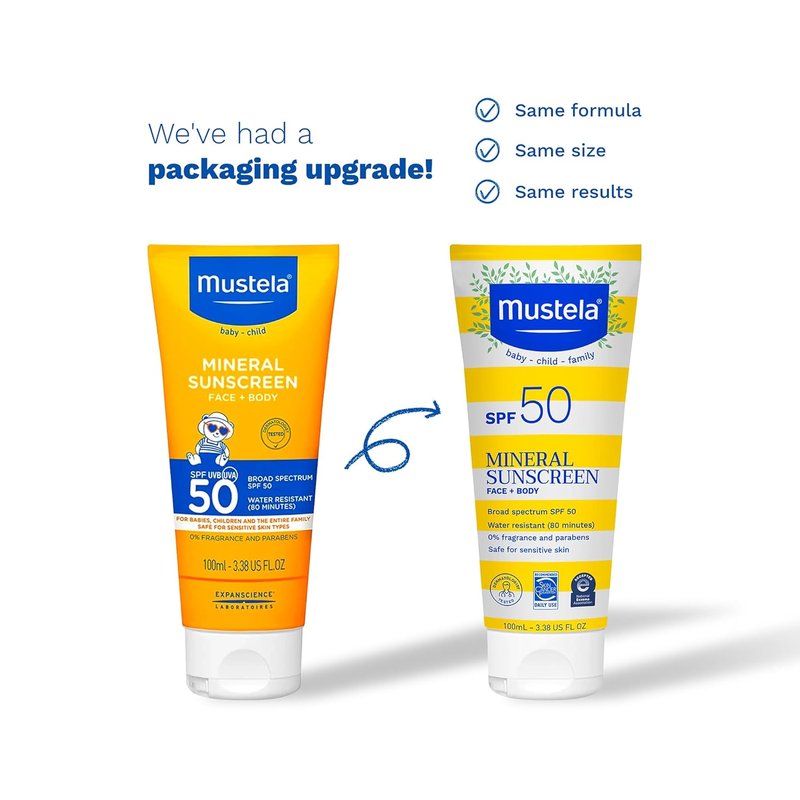 Mustela Baby Mineral Sunscreen Lotion SPF 50 - Sensitive Skin Protection | Water Resistant & Fragrance Free, Regular & Family Size