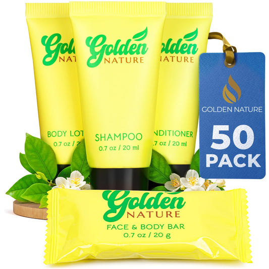 Golden Nature - Travel Size Hotel Toiletries Bundle - Jasmine, 0.7 oz each, 200 Pcs - 4-Piece Set: 50 Rectangular Bar Soap, 50 Shampoo, 50 Conditioner & 50 Body Lotion - Bulk Small Toiletries
