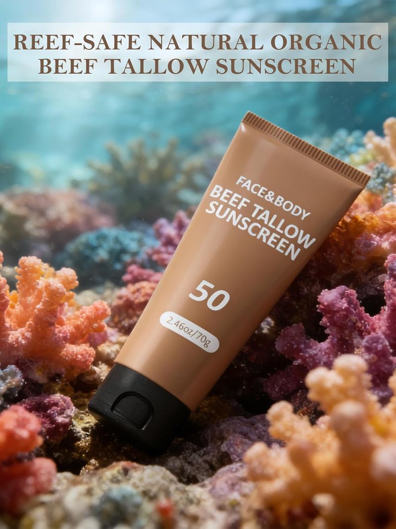 Beef Tallow Sunscreen - Natural Reef Safe Sunblock for Face & Body | Non-Greasy, Travel-Friendly, 3-Pack