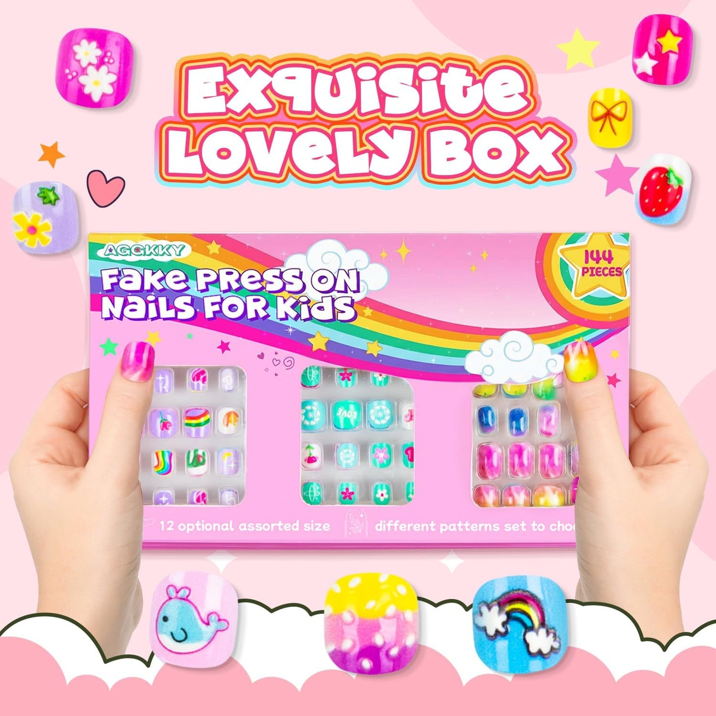 Kids Press-On Nails - 144 Pieces Full Cover Short Acrylic Nail Art Kits for Girls | Cute Patterns