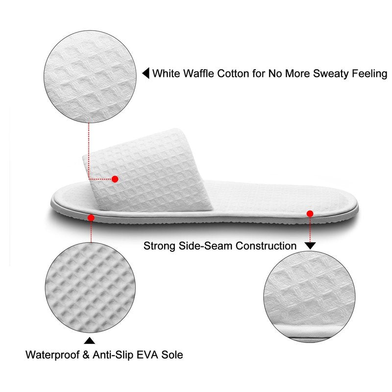 AhfuLife 10 Pairs of Waffle Open Toe White Slippers Fit Most Men and Women for Spa, Party Guest, Hotel and Travel, Washable and Non-Disposable (Large, White-10 Pairs)