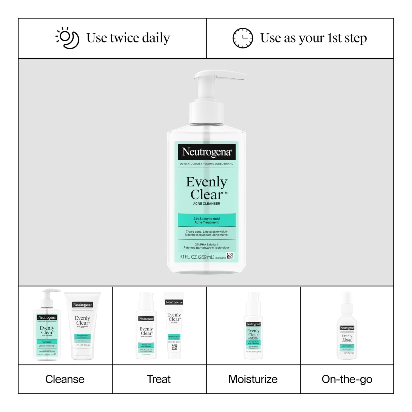Neutrogena Evenly Clear Acne Cleanser with 2% Salicylic Acid & 2% PHA Exfoliant, Gentle Foaming Face Wash Clears Clogged Pores & Blackheads While Visibly Fading Look of Post-Acne Marks, 9.1 fl. oz