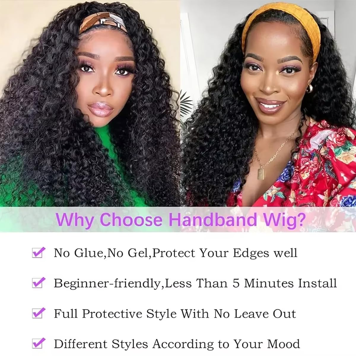 Maytune Headband Wig Curly Human Hair 14 Inch Headband Wigs Glueless Deep Wave None Lace Front Wigs for Black Women Water Wave Headband Wigs 150% Density Natural Color