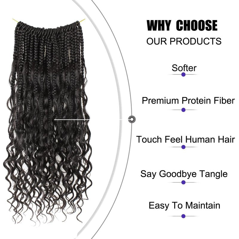 Goddess Box Braids Crochet Hair 18 inch Pure Protein Fiber Close to Human Hair 8 packs Boho Crochet Braids for Black Women Pre looped Bohemian Box Braid with Curly Ends Hair Extensions(18 inch, 1B)