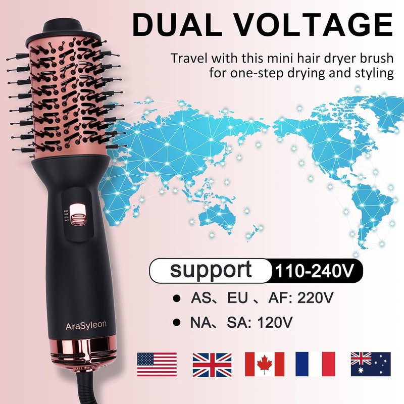 Travel Hair Dryer Brush - Mini Dual Voltage Blow Dryer with 3 Settings | Comb & Dry in One Step, Tames Frizz