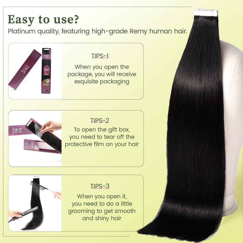 DNE Tape in Hair Extensions Real Human Hair, 14 Inches 20Pcs/50g per Pack Seamless Invisible Double Sided Tape, #1 Jet Black Straight Extensions for Women/Girls